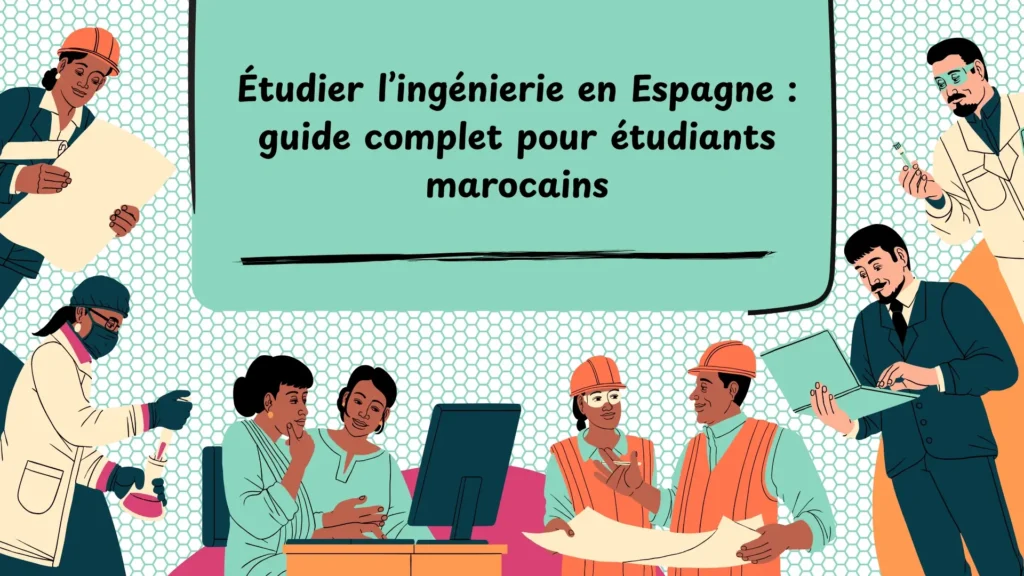 Illustration d’ingénieurs et étudiants travaillant autour d’un guide pour étudier en Espagne