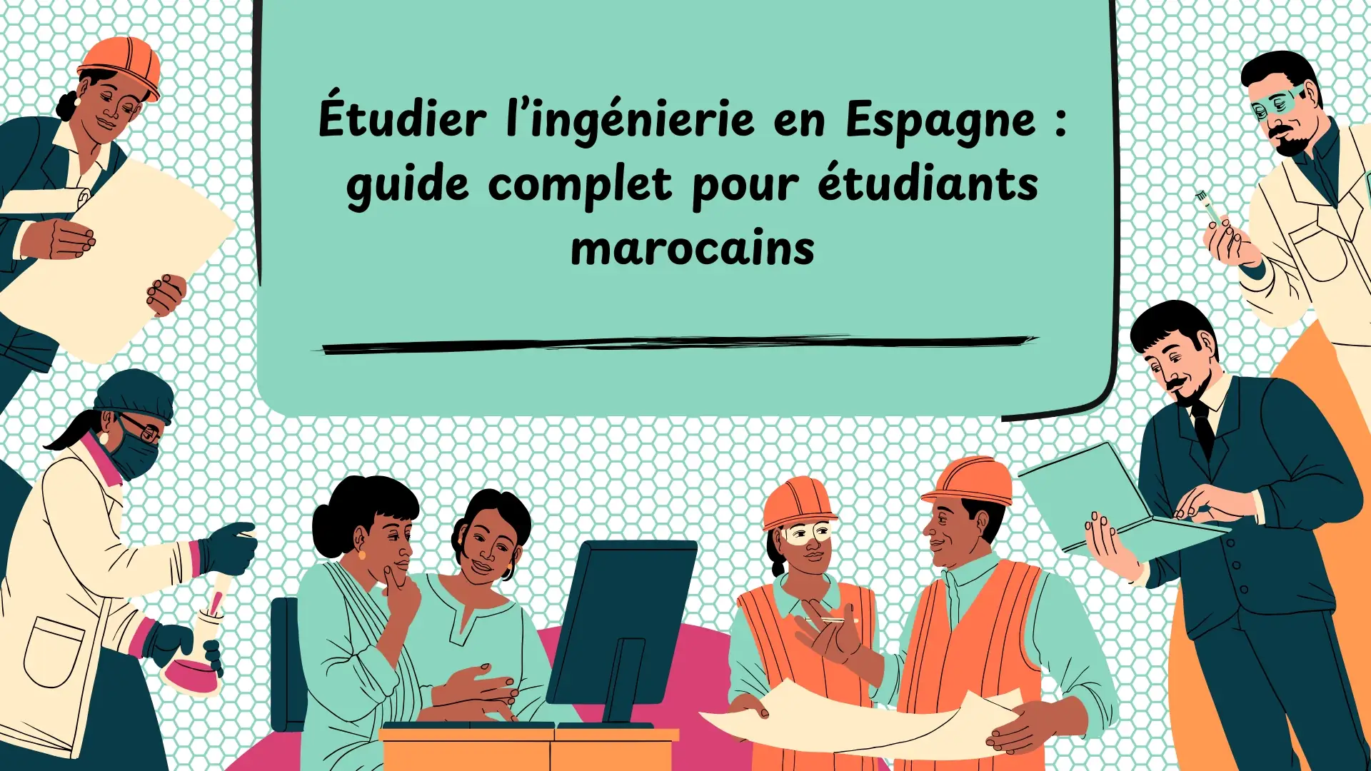 Illustration d’ingénieurs et étudiants travaillant autour d’un guide pour étudier en Espagne