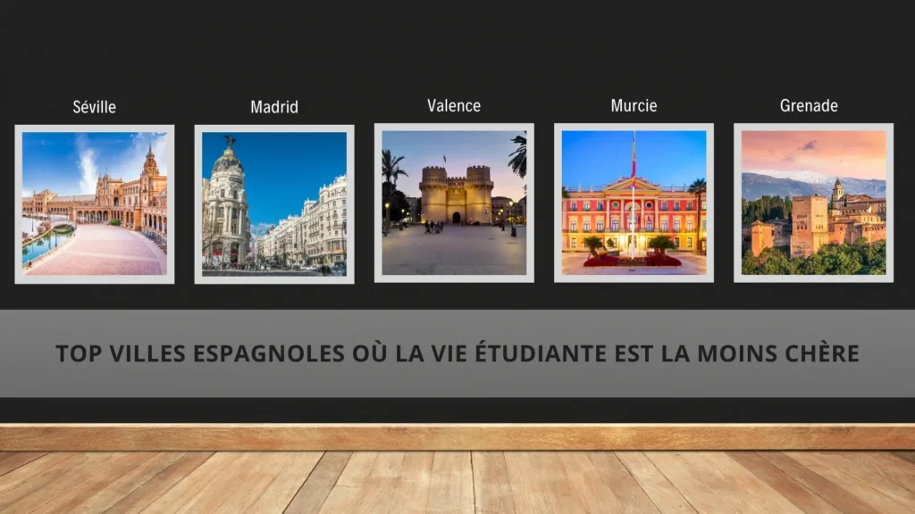Photos de Séville Madrid Valence Murcie et Grenade illustrant villes étudiantes abordables