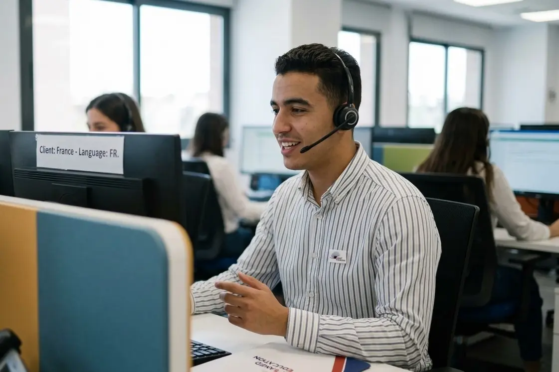 étudiant travaillant dans un centre d’appel en Espagne avec un casque