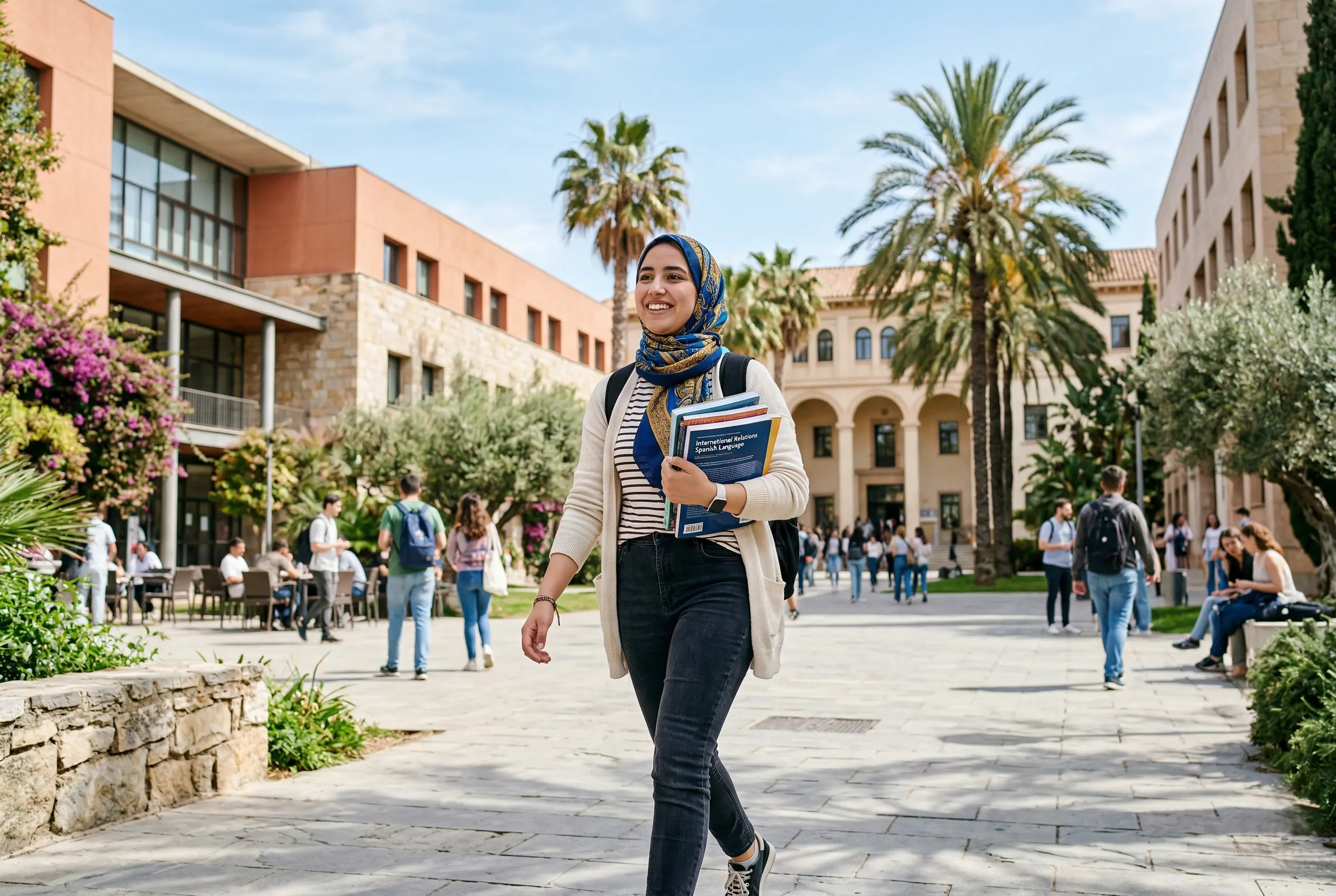 étudiante marocaine sur un campus universitaire en Espagne avec des livres en 2026
