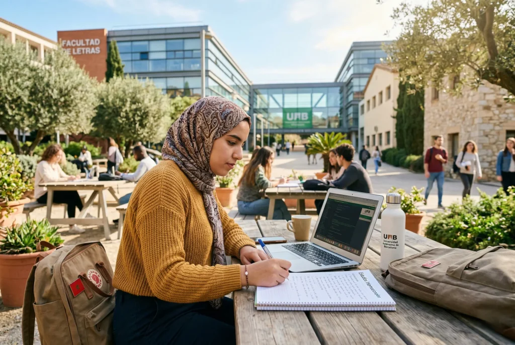étudiante marocaine étudiant en Espagne sur un campus universitaire avec un ordinateur portable en 2026