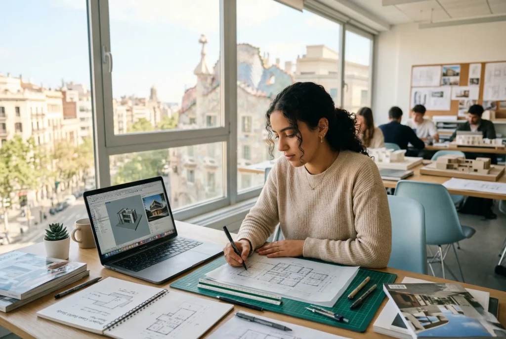 étudiante en architecture en Espagne en train de dessiner un plan dans un studio de design moderne