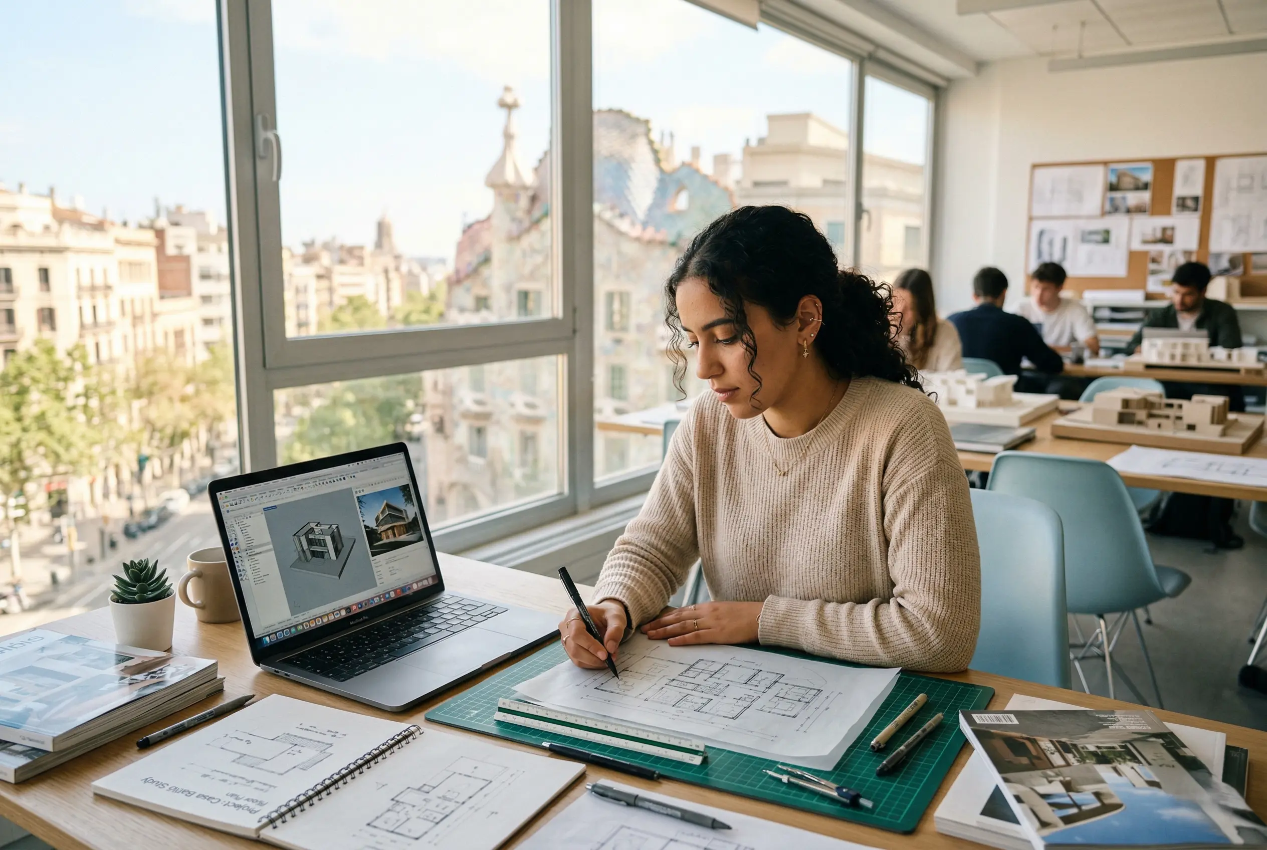 étudiante en architecture en Espagne en train de dessiner un plan dans un studio de design moderne