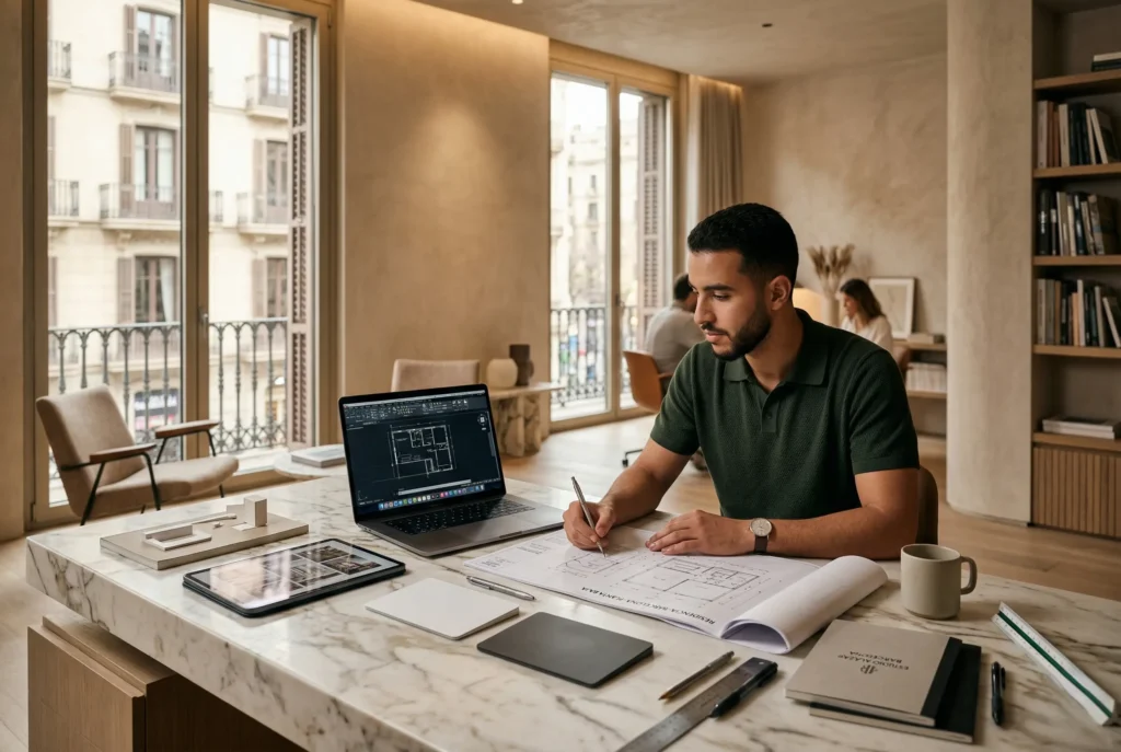 étudiant en architecture en Espagne travaillant sur des plans avec un ordinateur dans un espace de design moderne