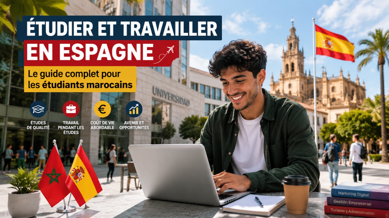 Étudiant marocain travaillant sur son ordinateur en Espagne tout en poursuivant ses études universitaires.