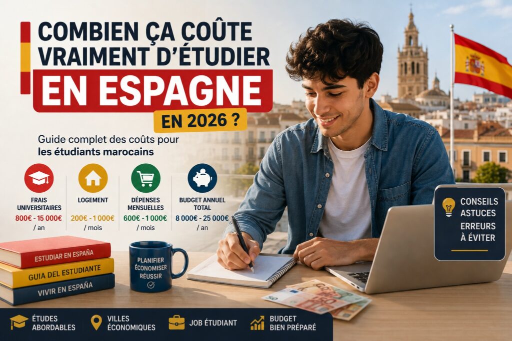Étudiant marocain calculant le coût des études en Espagne en 2026 avec un budget universitaire détaillé.