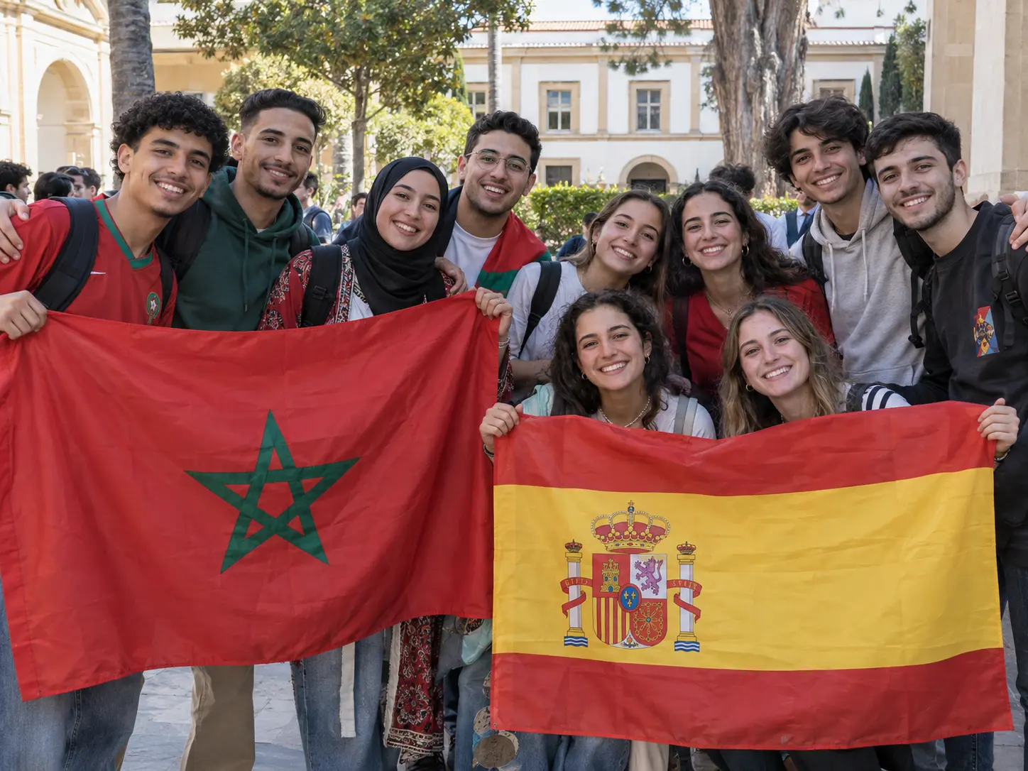 Groupe d’étudiants souriants tenant les drapeaux du Maroc et de l’Espagne sur un campus universitaire.