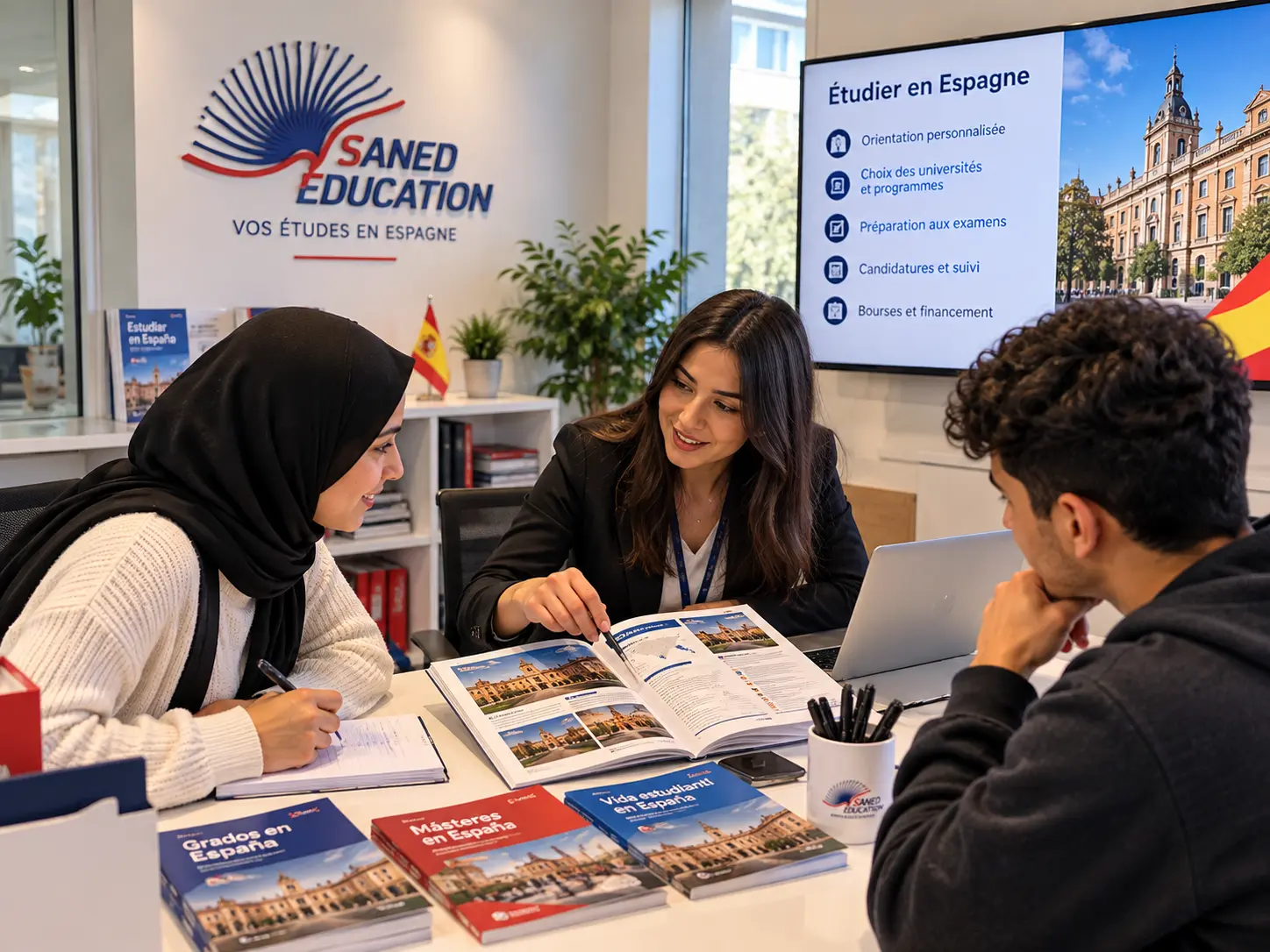 Conseillère Saned Education accompagnant deux étudiants dans leur projet d’études en Espagne, avec brochures universitaires et écran d’orientation