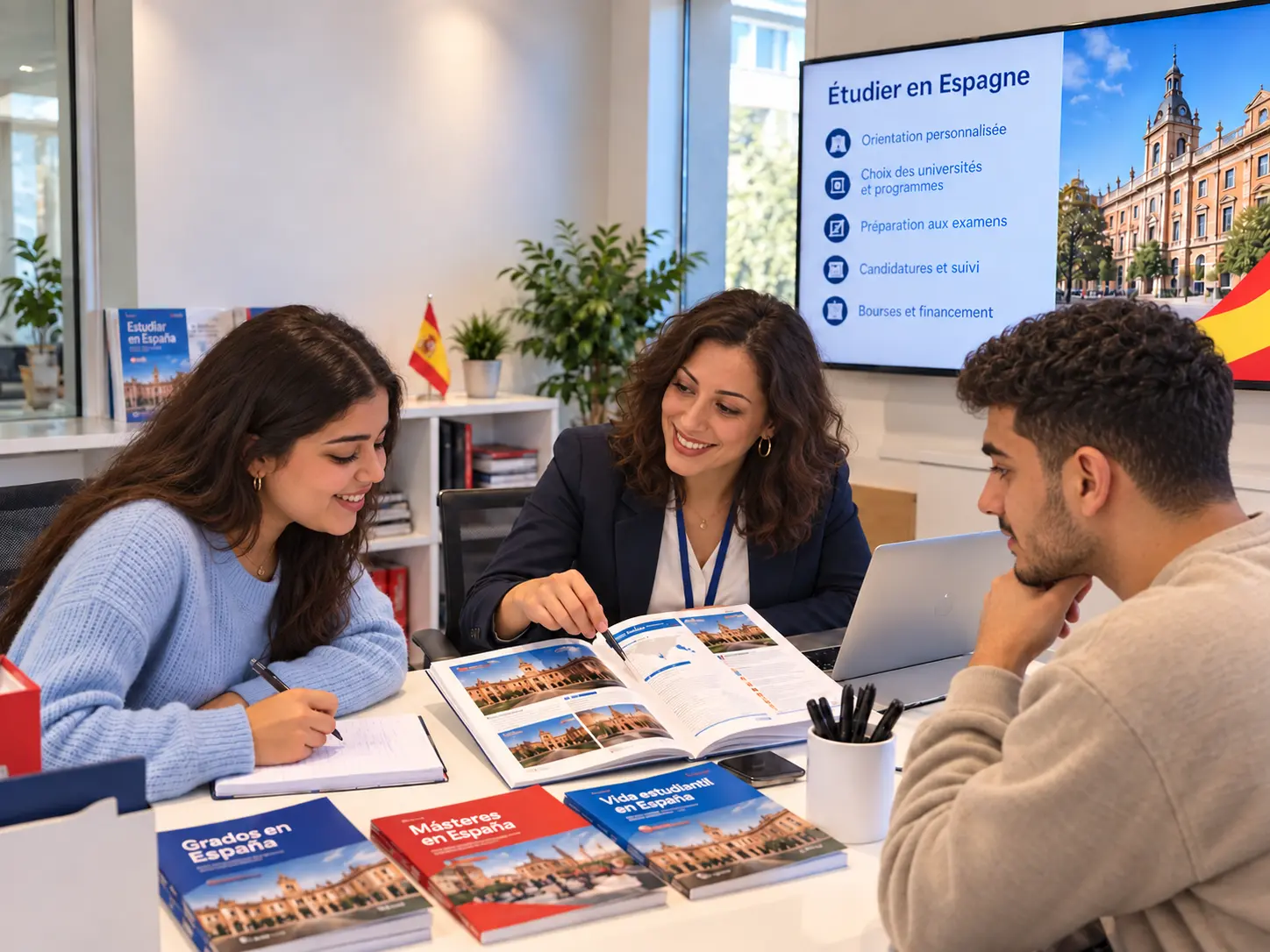 Conseillère Saned Education accompagnant deux étudiants dans leur projet d’études en Espagne, avec brochures universitaires et écran d’orientation