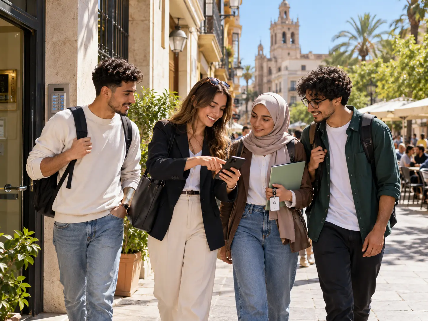 Trois étudiants internationaux accompagnés dans une ville espagnole, consultant un smartphone pendant leur découverte de la vie étudiante.