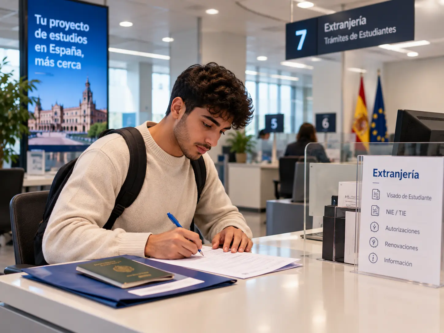 Étudiant remplissant un formulaire au service d’immigration en Espagne pour ses démarches de visa étudiant et de NIE/TIE