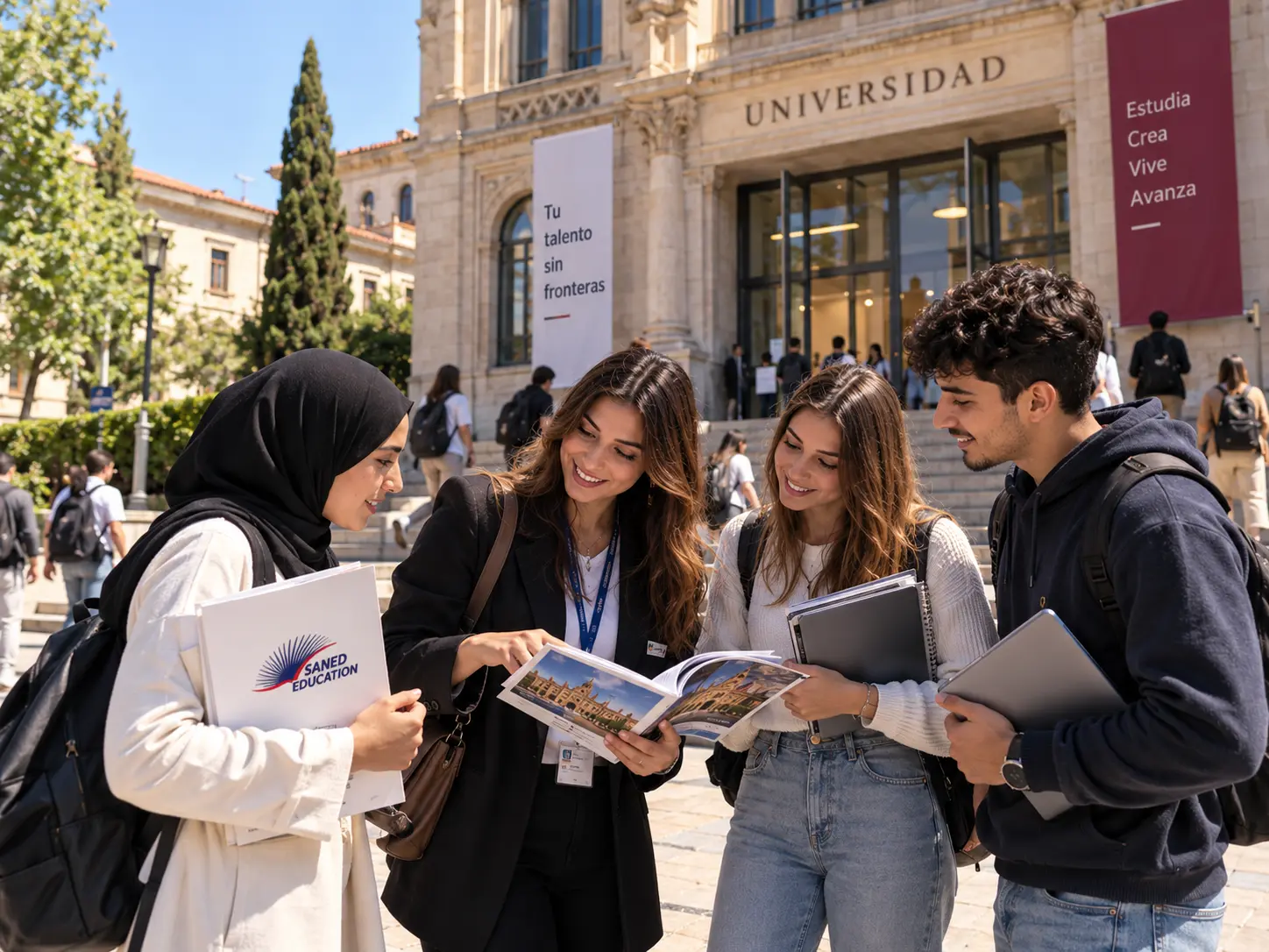 Conseillère Saned Education présentant une brochure à trois étudiants devant une université en Espagne.